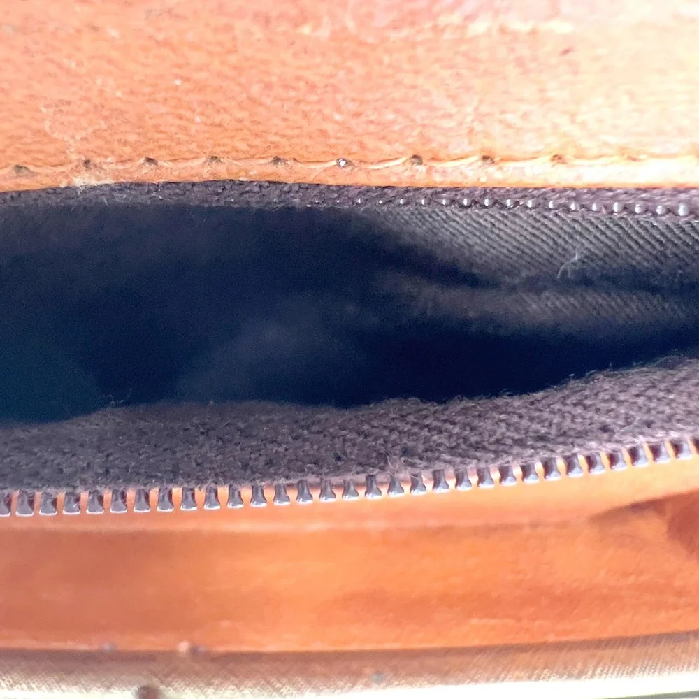 Vintage 70s Leather‎ Suede Patchwork Wallet Cognac Kiss Clasp Mirror Hong Kong